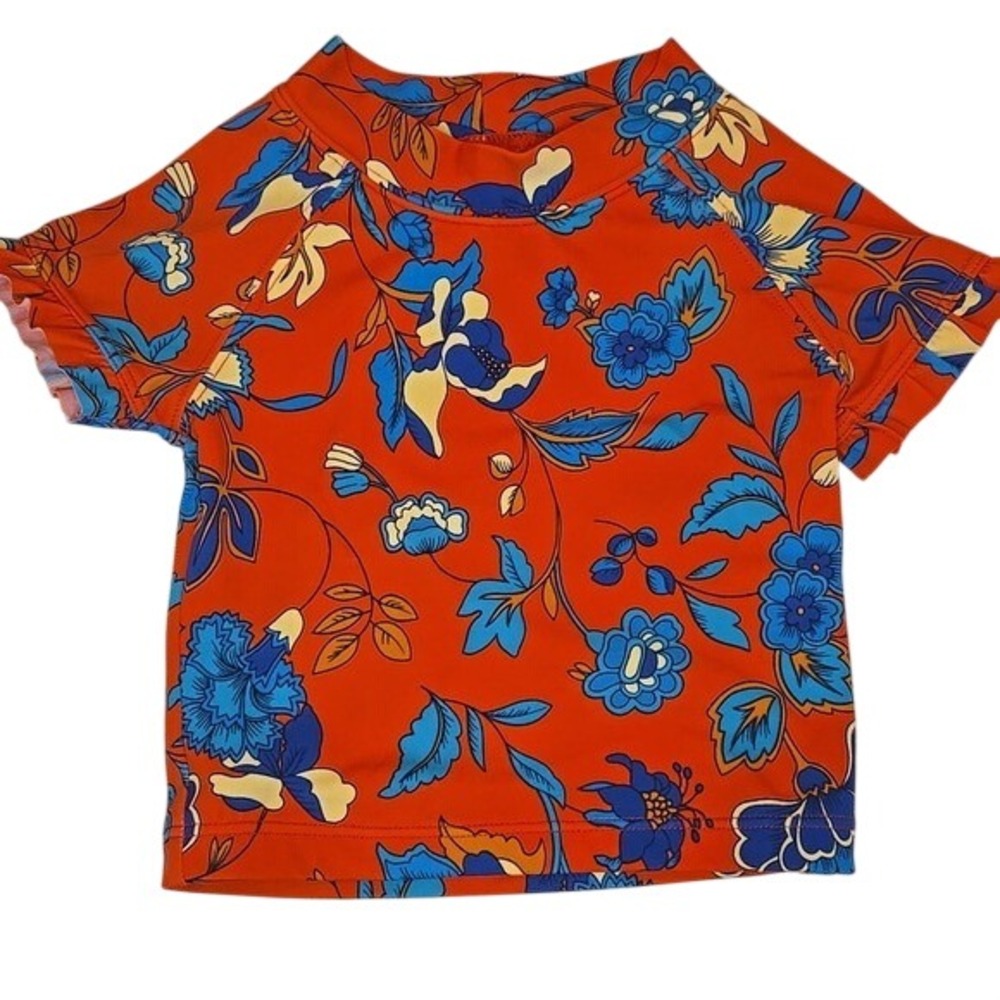 Janie & Jack Girl Swim Top Baby Infant Rash Guard Short Sleeve Floral Red 6-12Mo